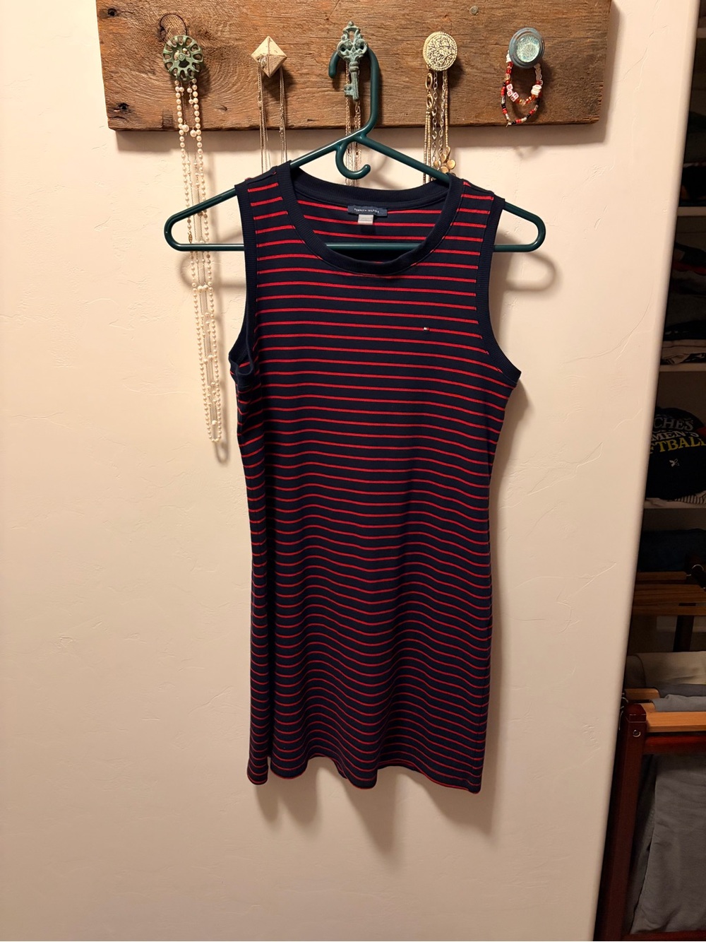 Tommy Hilfiger Sleeveless Navy and Red Striped Shift Dress